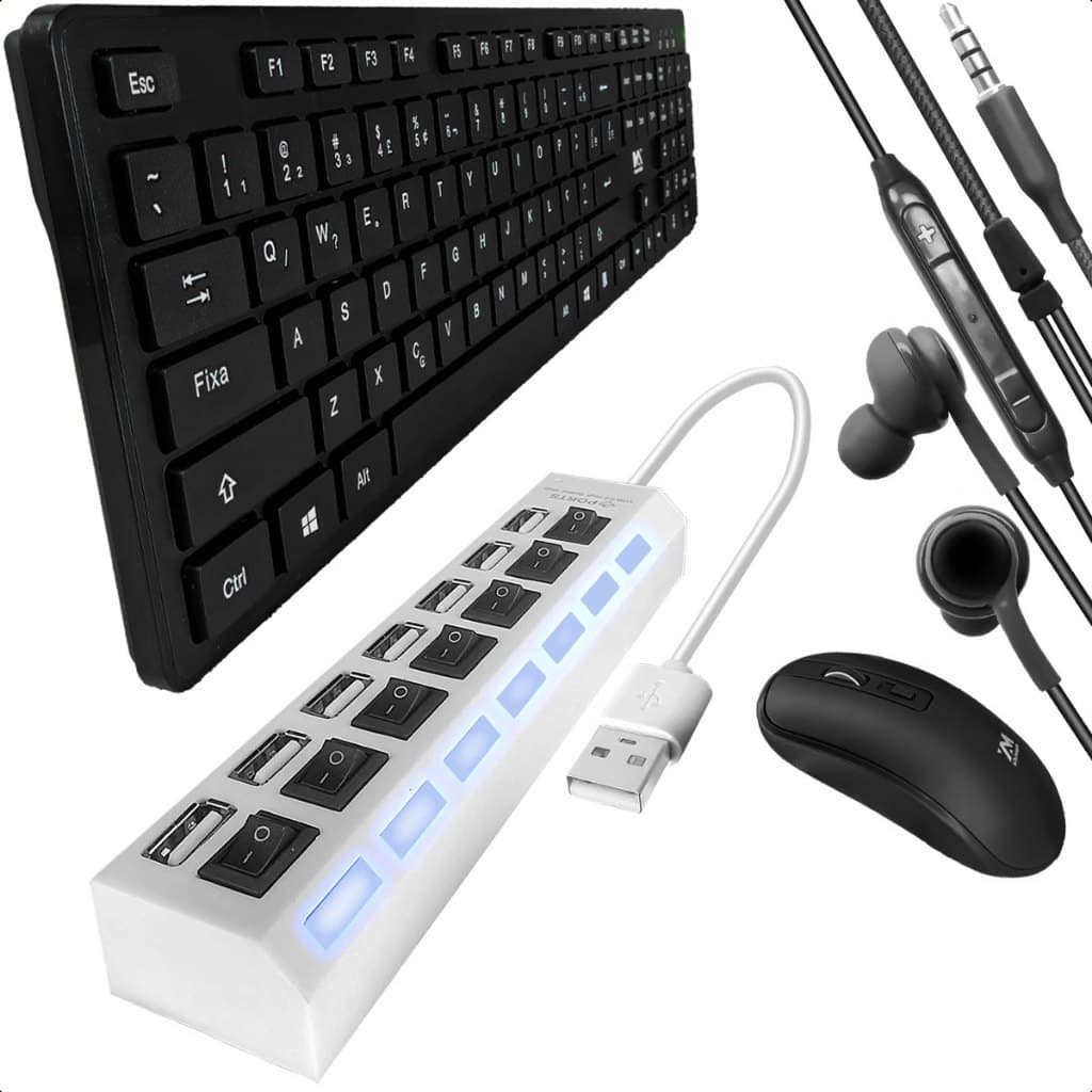 Teclado Mouse Sem Fio Hub USB 7 Portas Fone com Microfone Office Kit