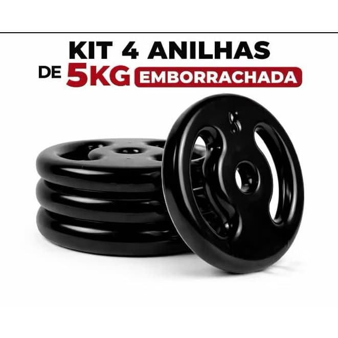 Kit 4 Anilhas 5kg  Emborrachadas Ferro Fundido (4X5KG) 20kg Total Musculação Academia Barra Halter