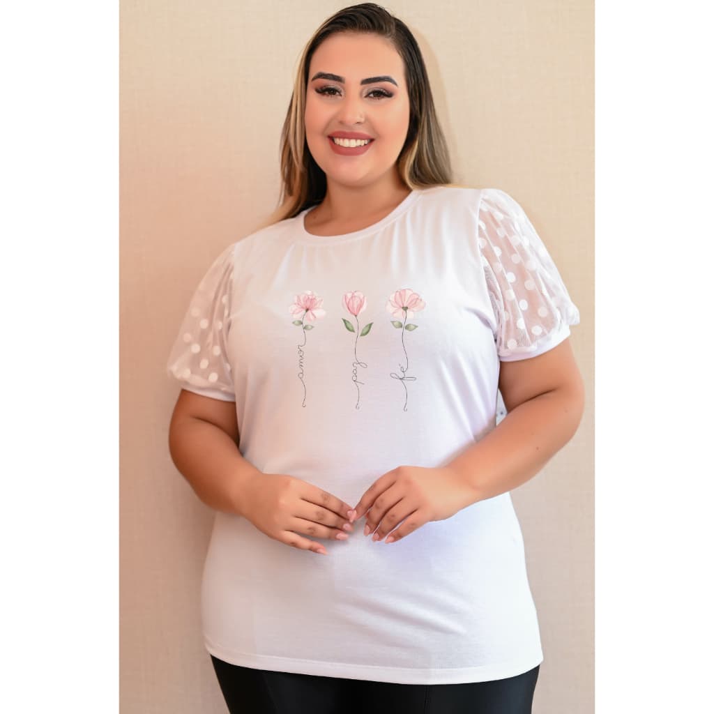 Blusa Plus Feminina Estampa Fé Camiseta T-Shirt Tule na Manga Princesa Festa Evangélica Elegante Cristã Malha Fria