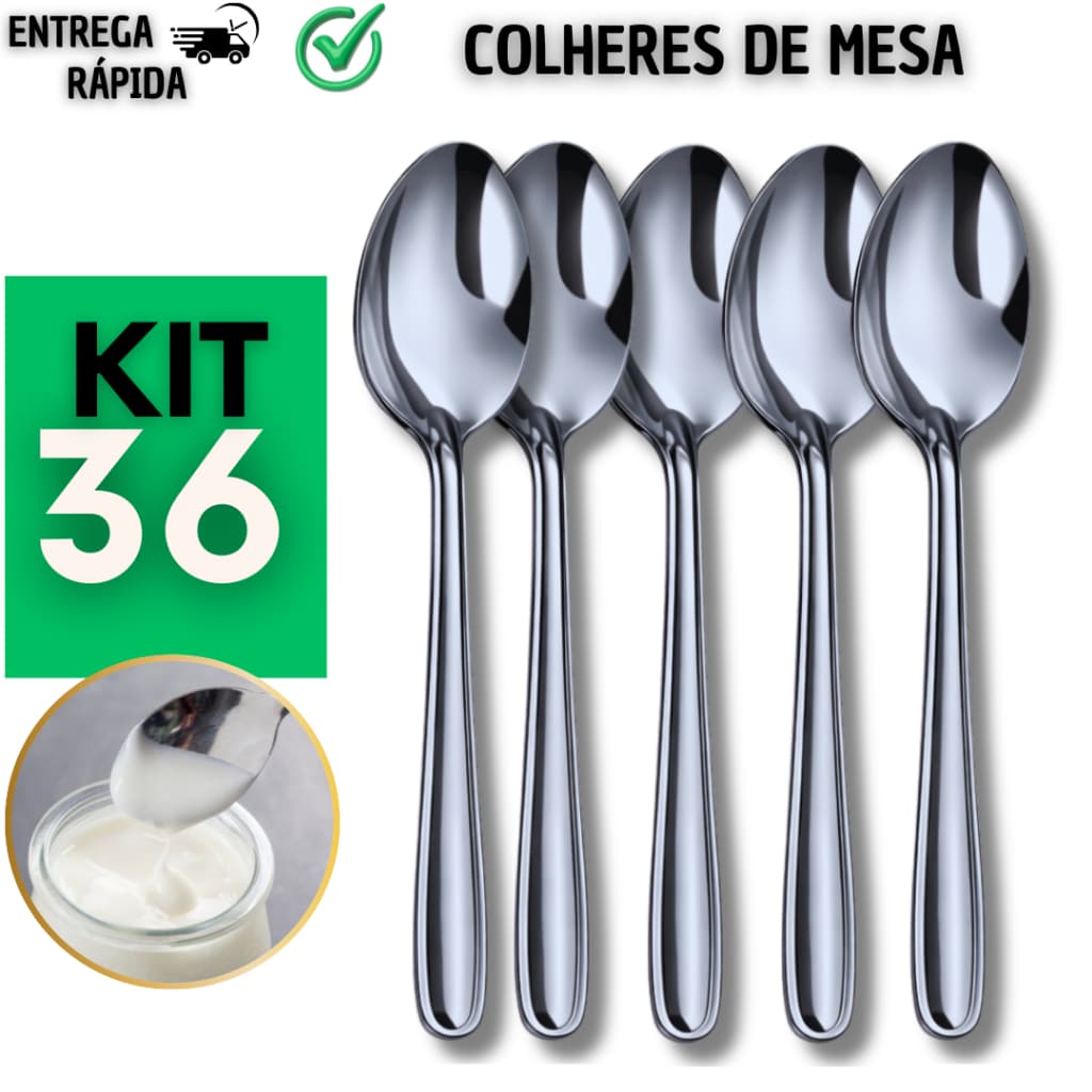 Kit 12/24/36 Colheres de Mesa Inox Polido Resistente Não Enferruja Cozinha Casa Buffet Resturante Bar Talher