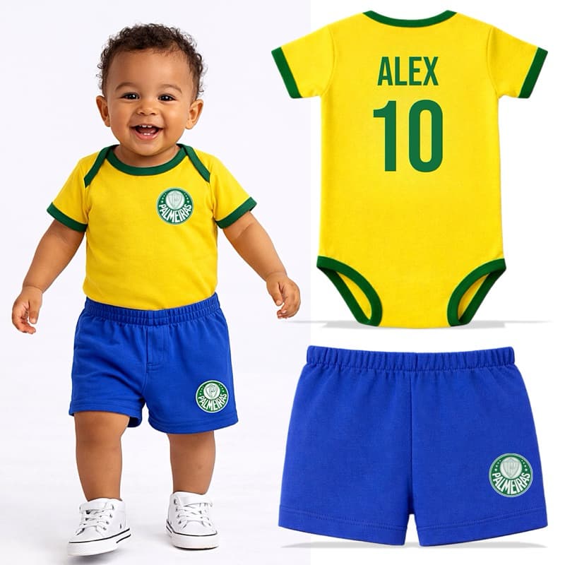 Body Brasil Palmeiras Nome Personalizado + Shorts e Tênis Mesversário Presente Festa Copa em Algodão