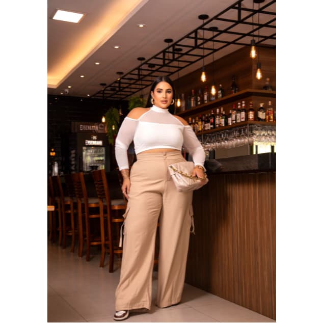 Calça Cargo Feminina Plus Size Wide Leg Alfaiataria Cintura Alta Pantalona Elegante Moda Blogueira Premium Confortável