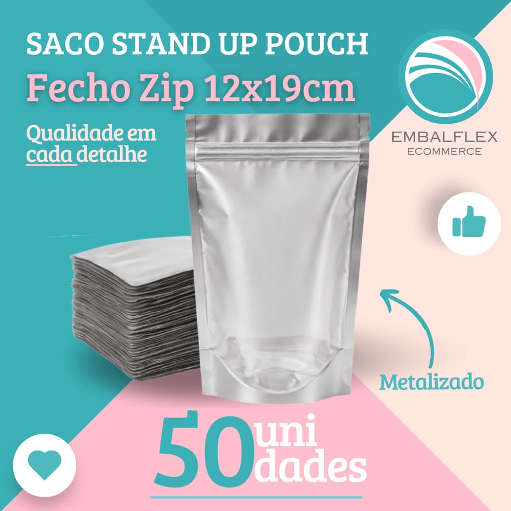 Embalagem Standup Pouch Metalizado com Visor C/ 50 unidades Com Zip 12cmx19cm
