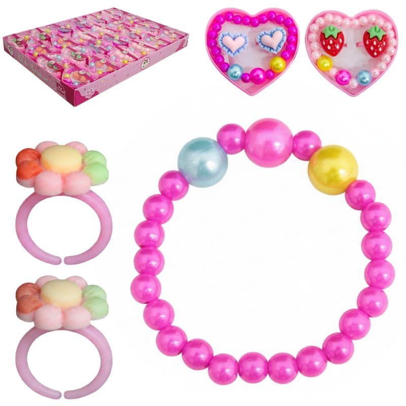 Kit Beleza Infantil Estojo Coração com Pulseira + 2 Anéis | Bijuteria Menina Presente Fofo