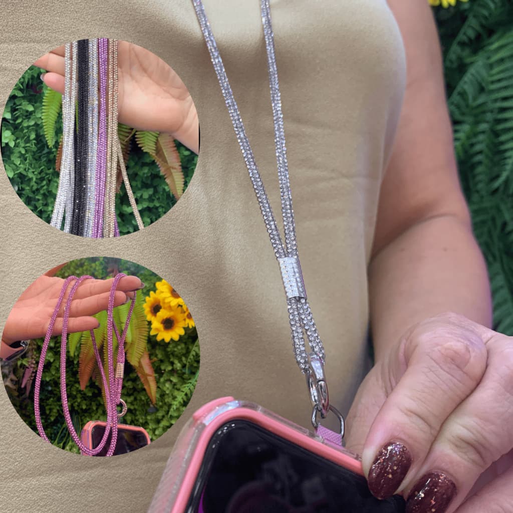 Cordão Antiqqueda para Celular com Strass 44cm Brilho Perolado Universal Cordinha Ajustável Luxo