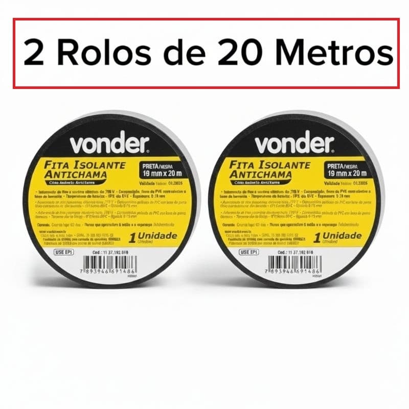 Kit 2 Fita Isolante Vonder Antichama 19mm X 20m Preta 750v