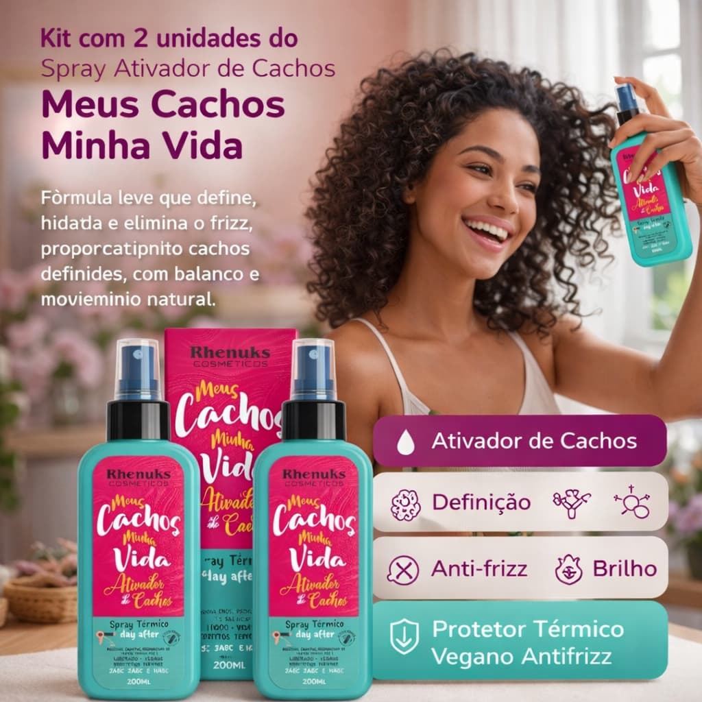Kit 2 Ativador de Cachos Meus Cachos Minha Vida Rhenuks 200ml Protetor Térmico Vegano Antifrizz