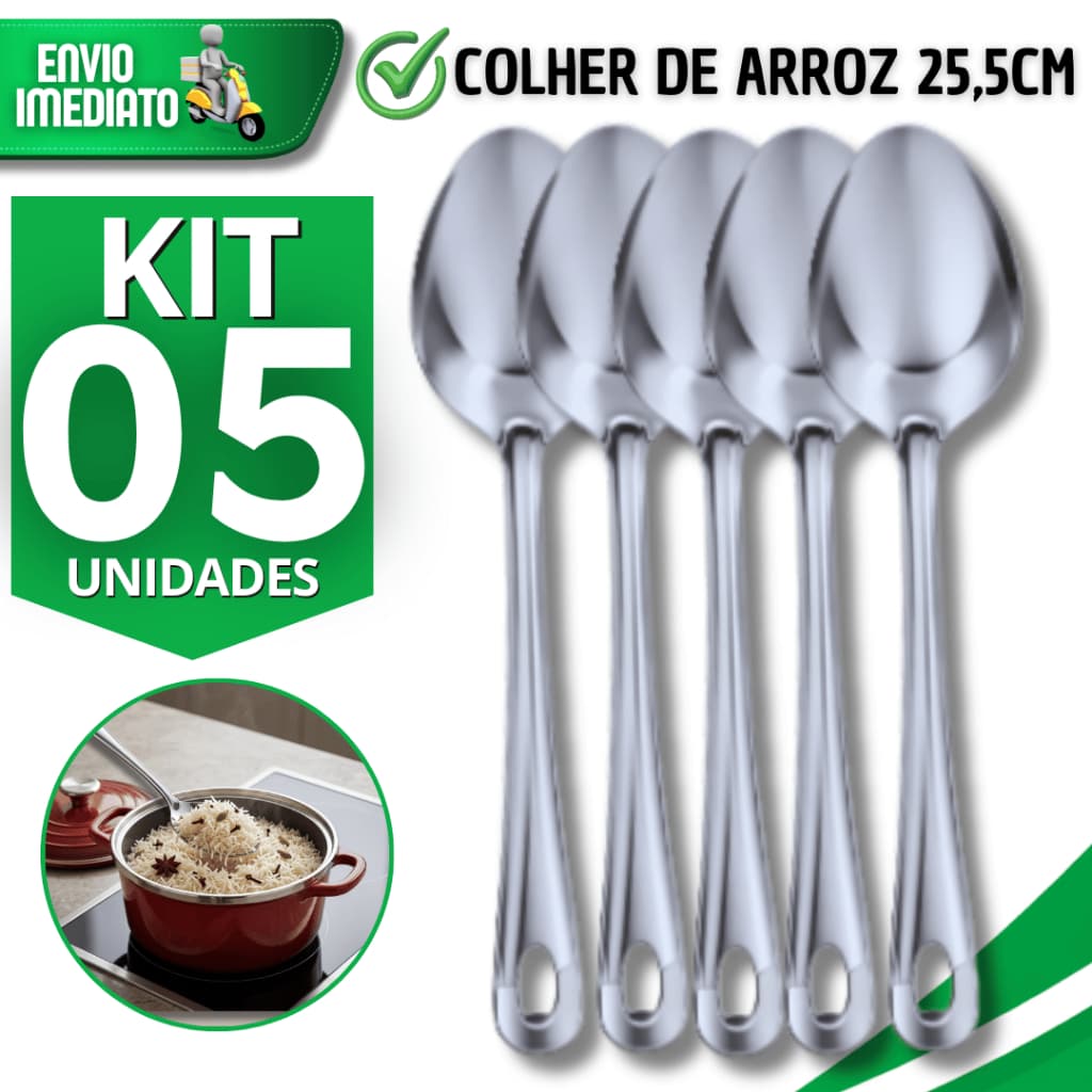 Conjunto Colher de Arroz Grande Aço Inox 25,5cm Servir Cozinha Restaurante Buffet Utensílios