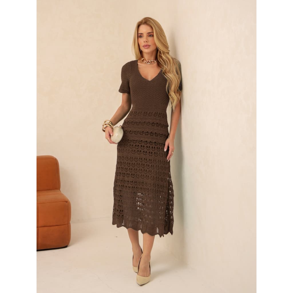 Vestido Midi Feminino Tricô Rendado Elegante Moda Evangélica Festa Praia Réveillon