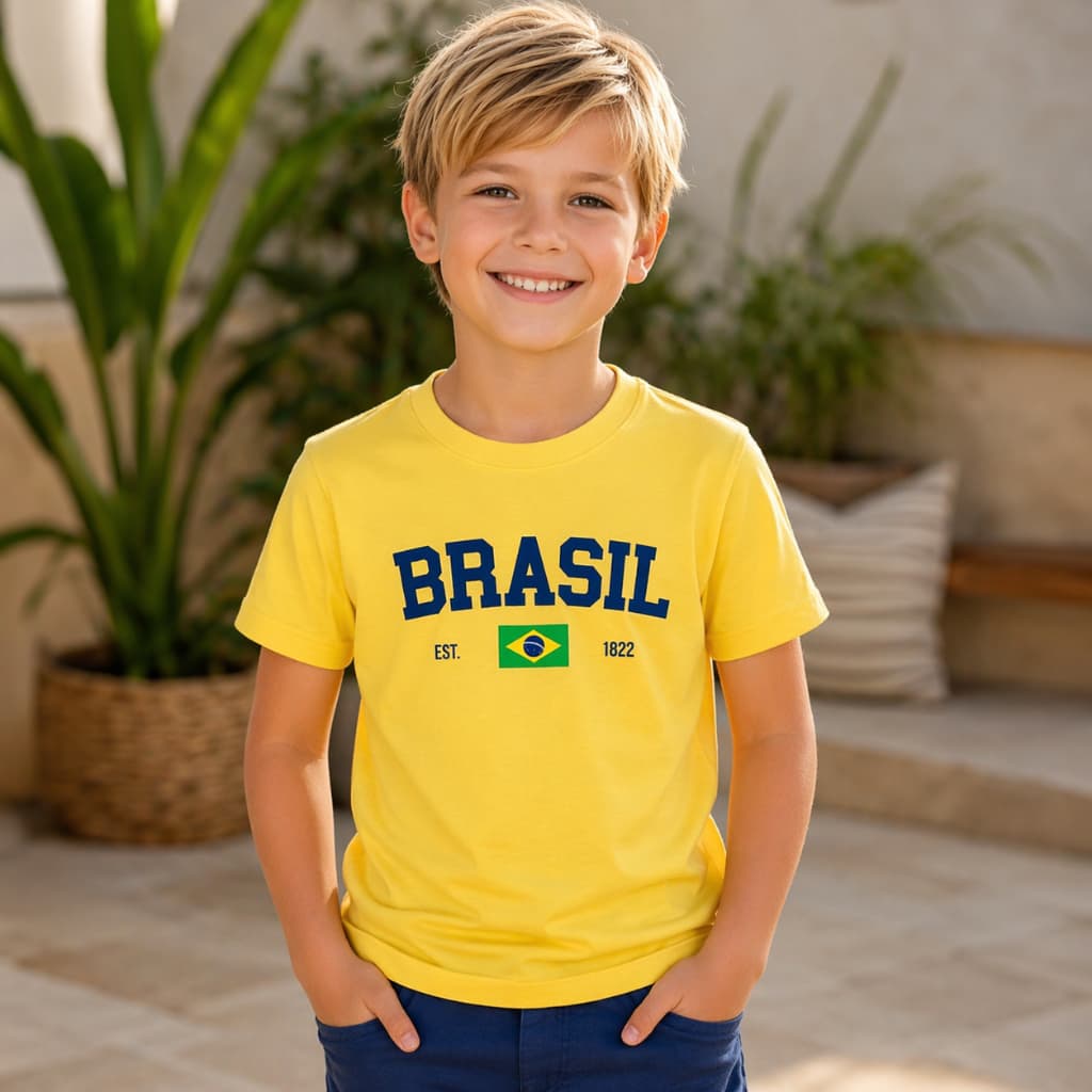 Camiseta Infantil Brasil Unissex Azul Bic 100% Algodão Premium Estampa Copa Seleção Confortável Moda Verão