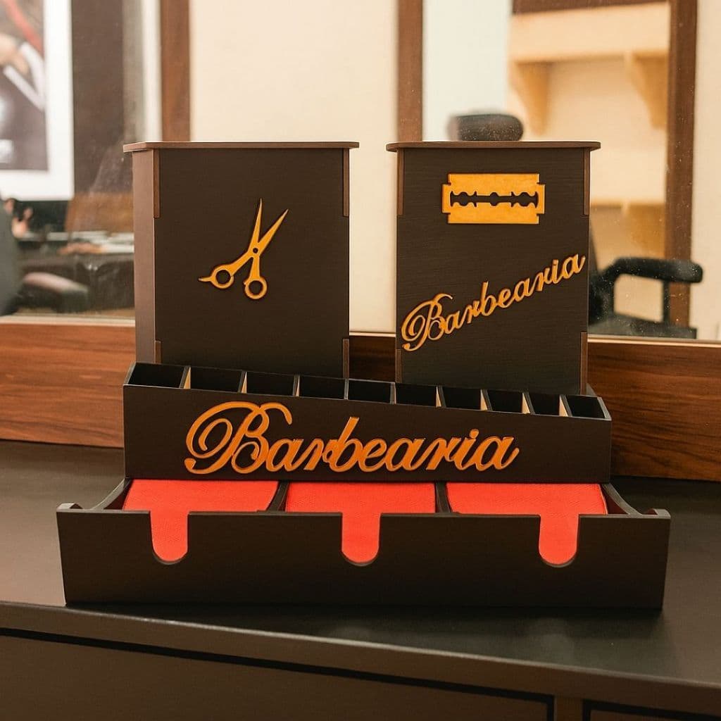 Kit Barbearia Suporte 3 Máquinas + Porta Tesouras e Descarte de Laminas