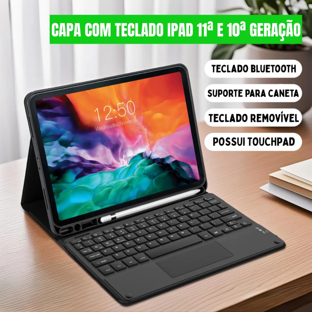 Capa Case com Teclado para Ipad 11ª A16 e 10ª Geração