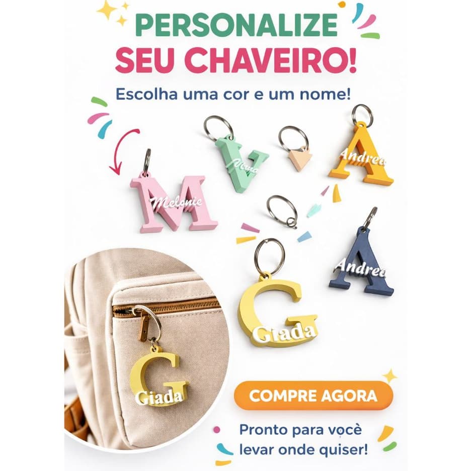 Chaveiro Personalizado Nome Letra Inicial Presente Criativo Lembrancinhas Mimos Brindes Acessorios Mochila Bolsas Chaves