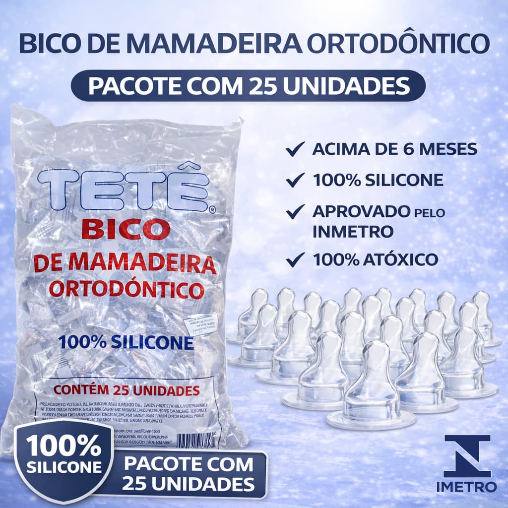 Kit 25 Bicos de Mamadeira Ortodôntico 100% Silicone Macio Orto Universal Aprovado Pelo Inmetro Tetê