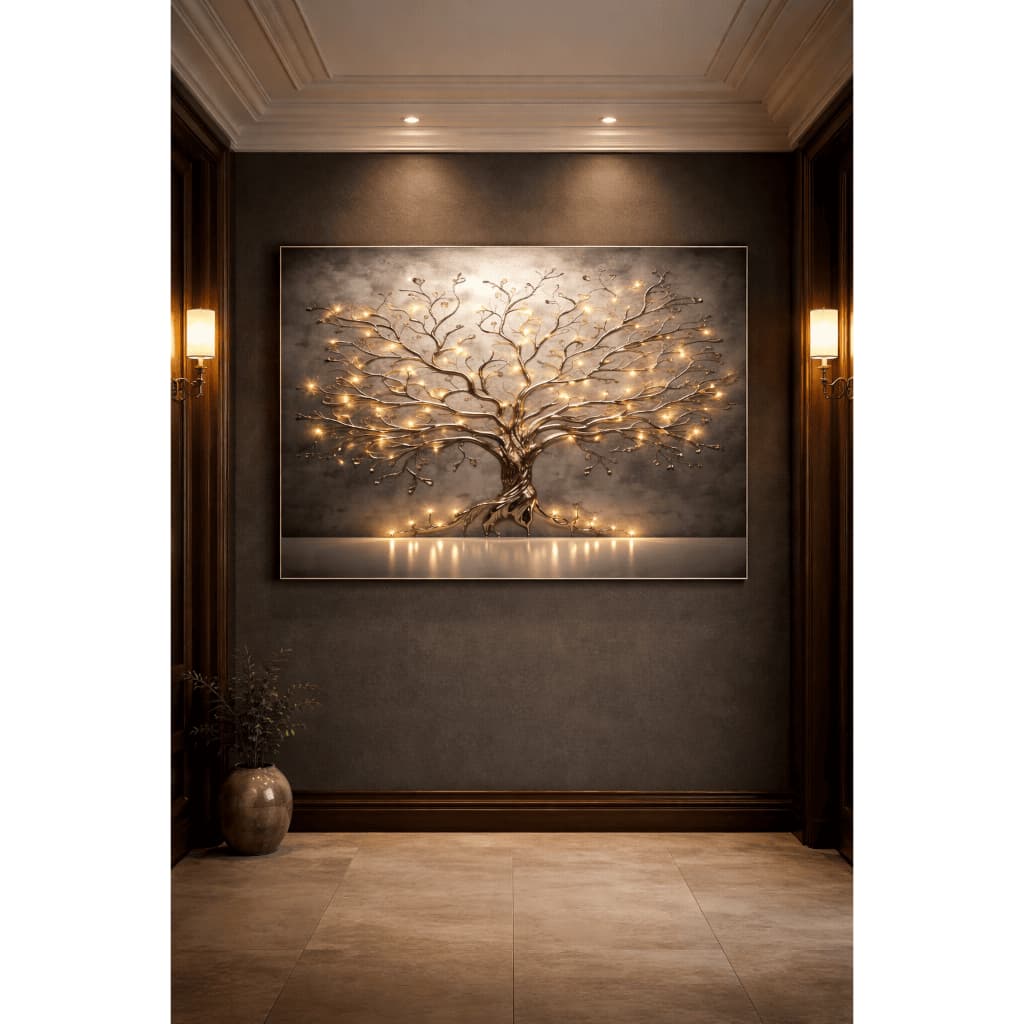 Quadro Decorativo Arte Moderna Elegante Com Árvore Metálica Iluminada Abstrata Vitral Clean Luxuosa