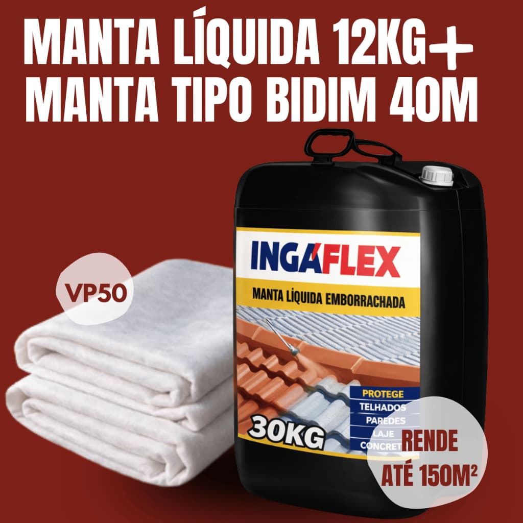 Kit Manta Líquida Emborrachada 30kg + Bidim 50m Impermeabilizante Para Lajes Telhados Paredes