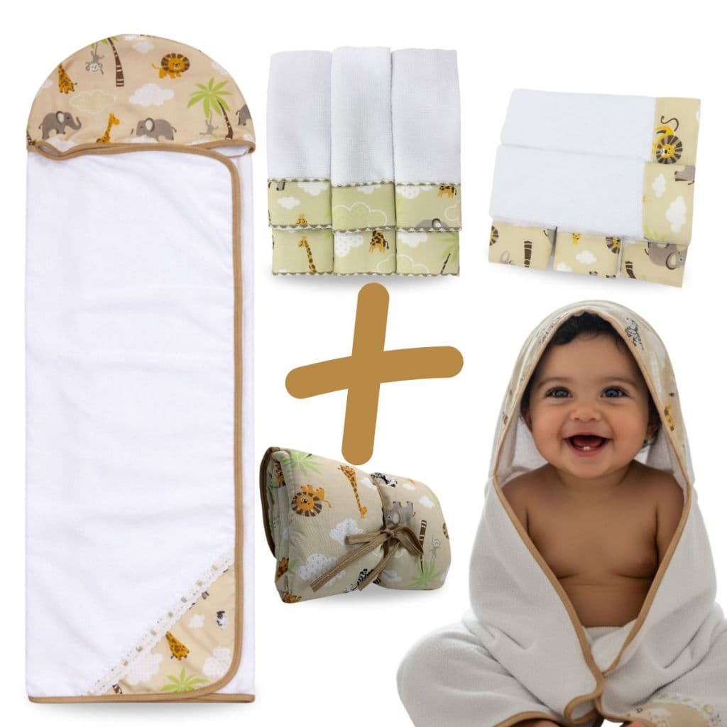Toalha de Banho Para Bebe Kit 13 Peças Trocador + 5 Toalhas Ombro + 6 Fralda Boca Enxoval Caqui