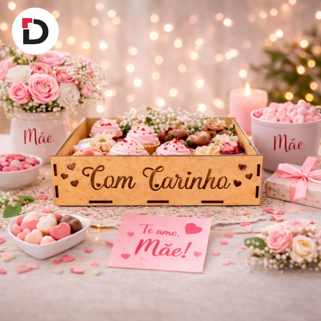 Kit  Bandejas ''Com Carinho e Corações'' 20x15x5 Decoração Festa Ocasiões Especiais Com Alça Cesta Mdf Cru