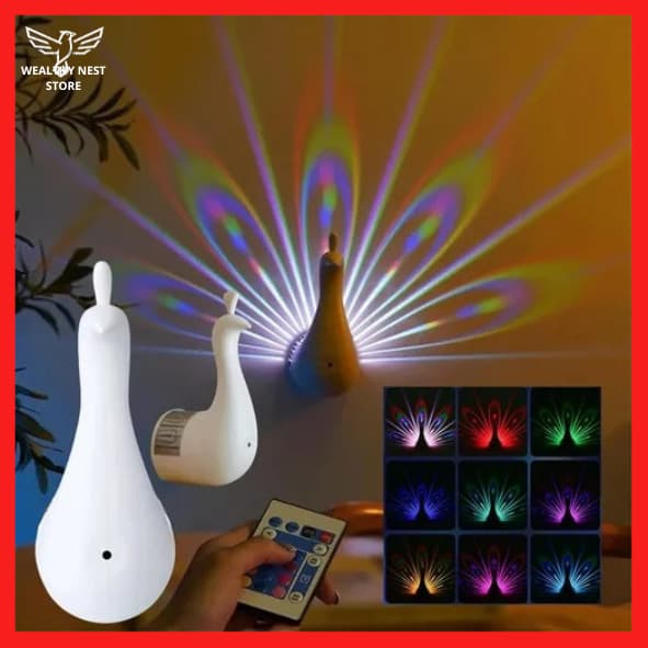 Luminária Projetor Pavão LED 7 Cores com Controle Remoto – Recarregável USB de Parede - Prático E bonito