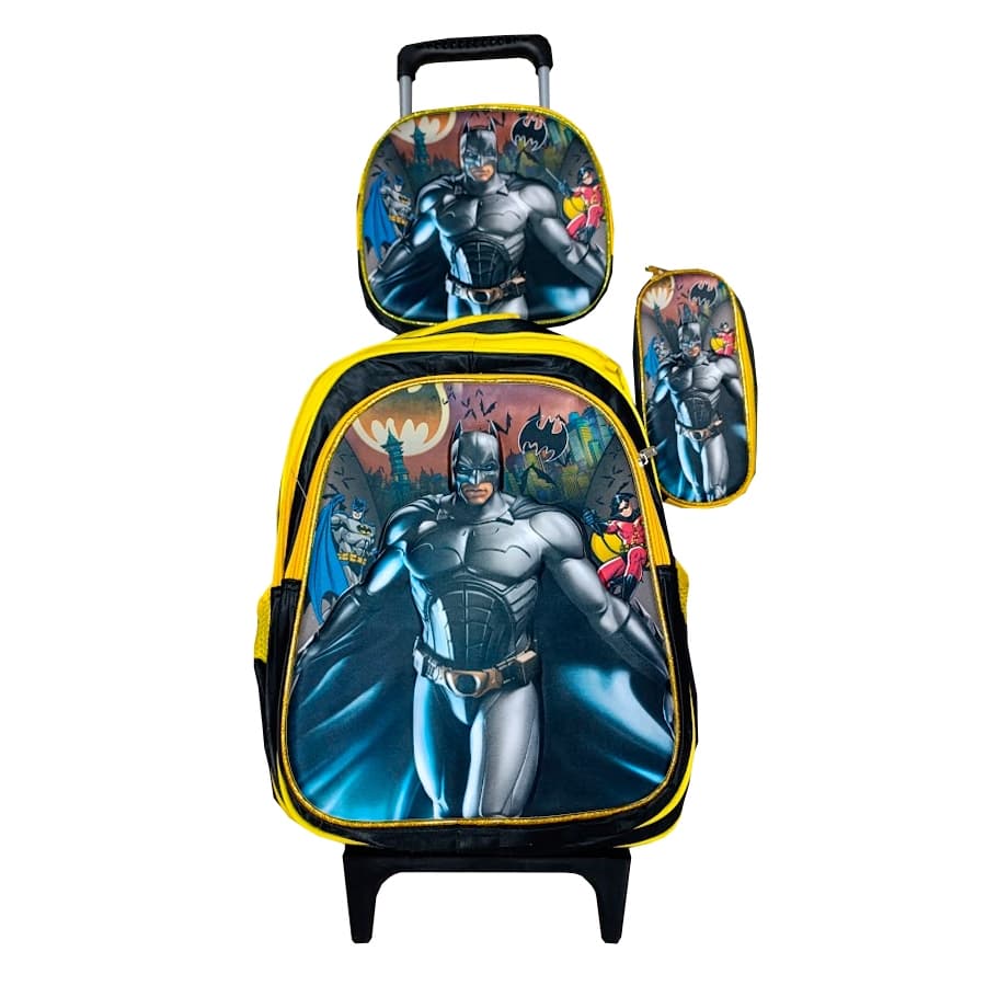 Kit Mochila com Rodinhas Infantil Batman 3D + Lancheira Térmica + Estojo Escolar em Alto Relevo