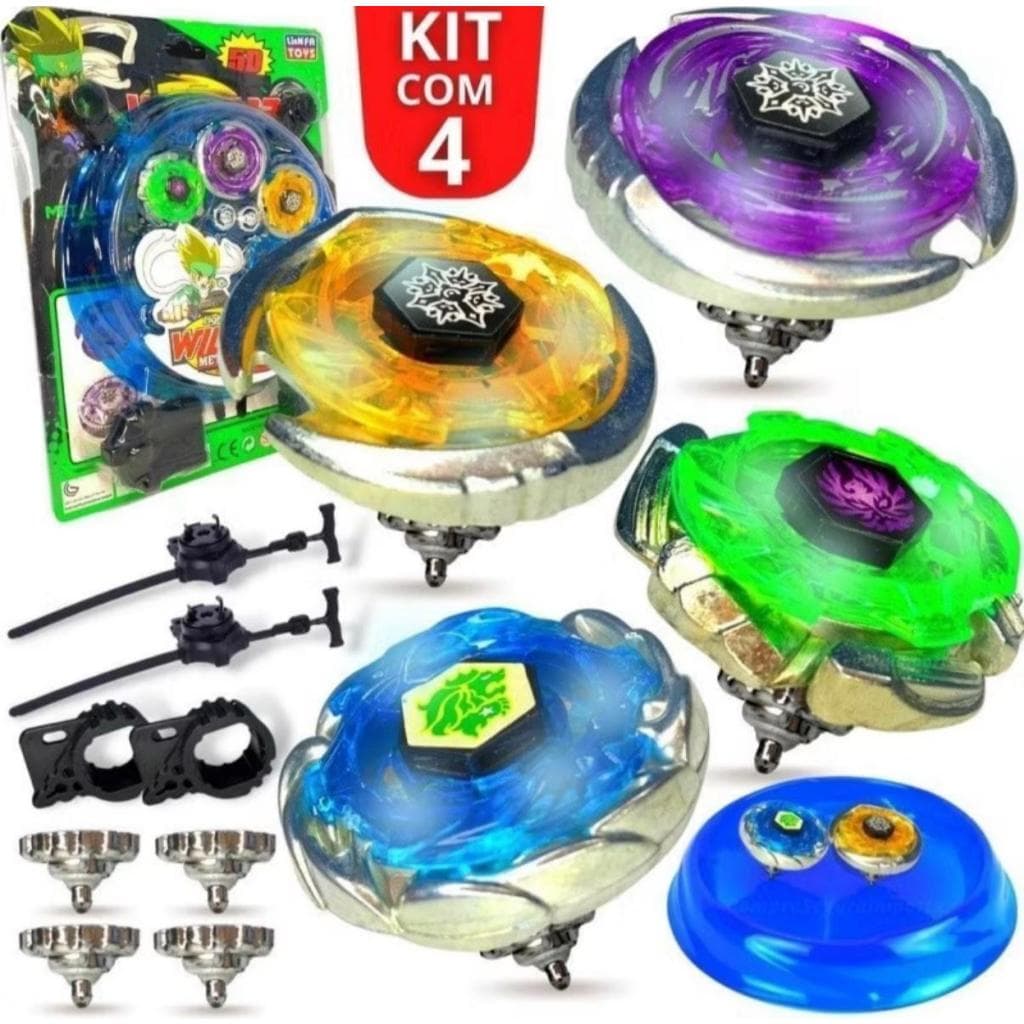 Kit 2/4 Piões de Batalha Metal Com led + 2 Lançadores + Ponteiras + Arena Combate Brinquedo Luz Pião