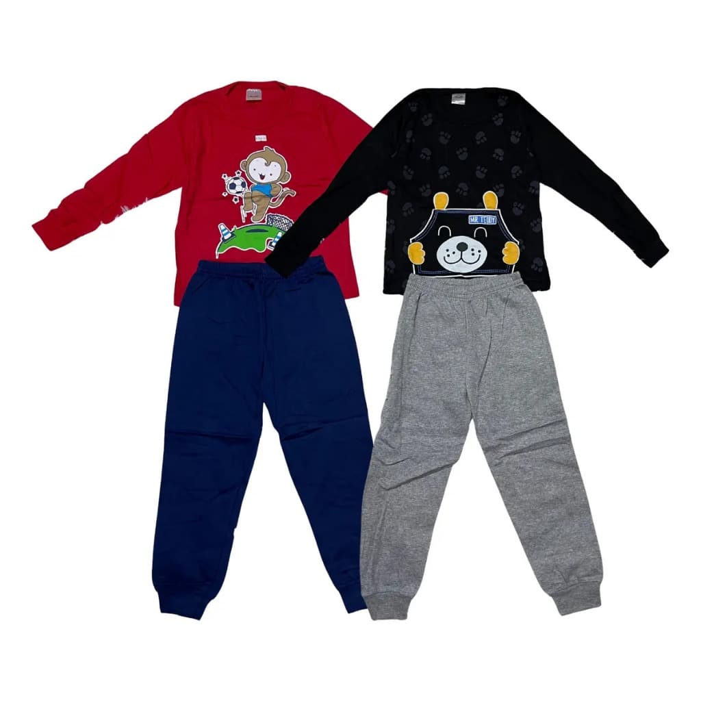 Kit Roupa Infantil meia estação 4 Peças, 2 calças em moletom e 2 camisetas manga longa em malha Confortável Do 4 ao 8