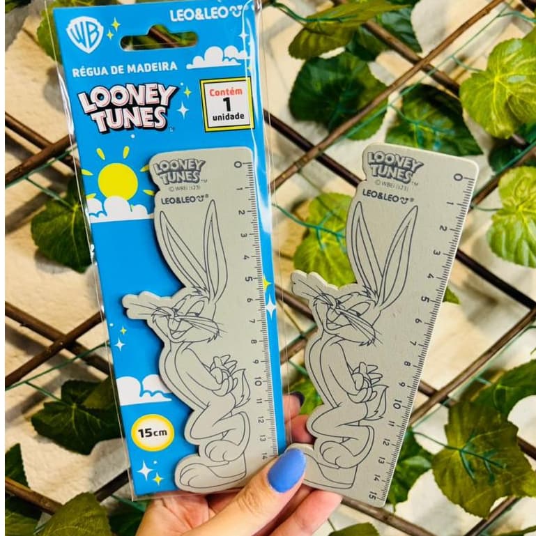 Régua De Madeira 15 cm Looney Tunes Pernalonga Decorada Oppbag Leo&Leo Papelaria Fofa Escola Aulas
