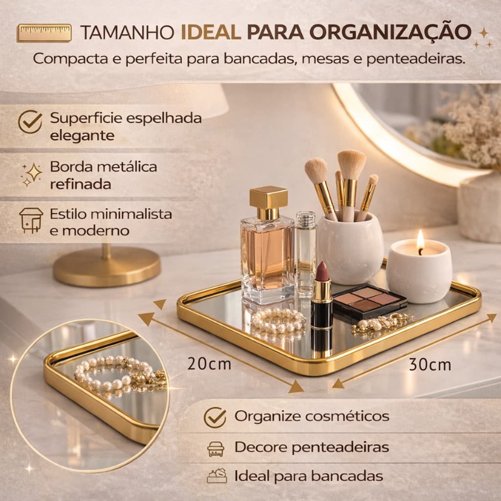 Bandeja Decorativa Espelhada Luxo 20x30cm Dourada/Preta Multiuso Sala Quarto Maquiagem Organização Elegante