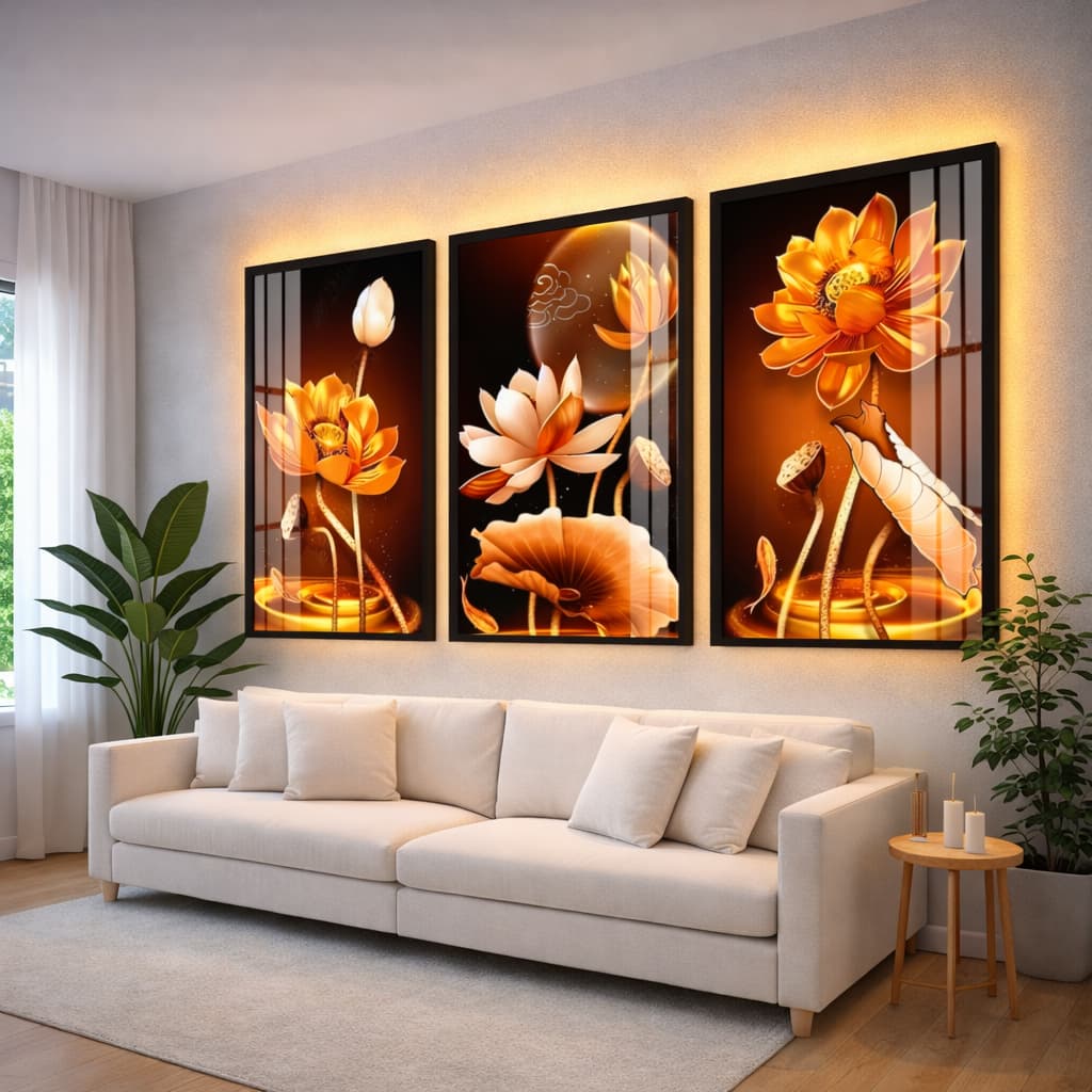Quadro Decorativo Sala Flor de Lótus Fogo Gold Moldura Luxo Quarto