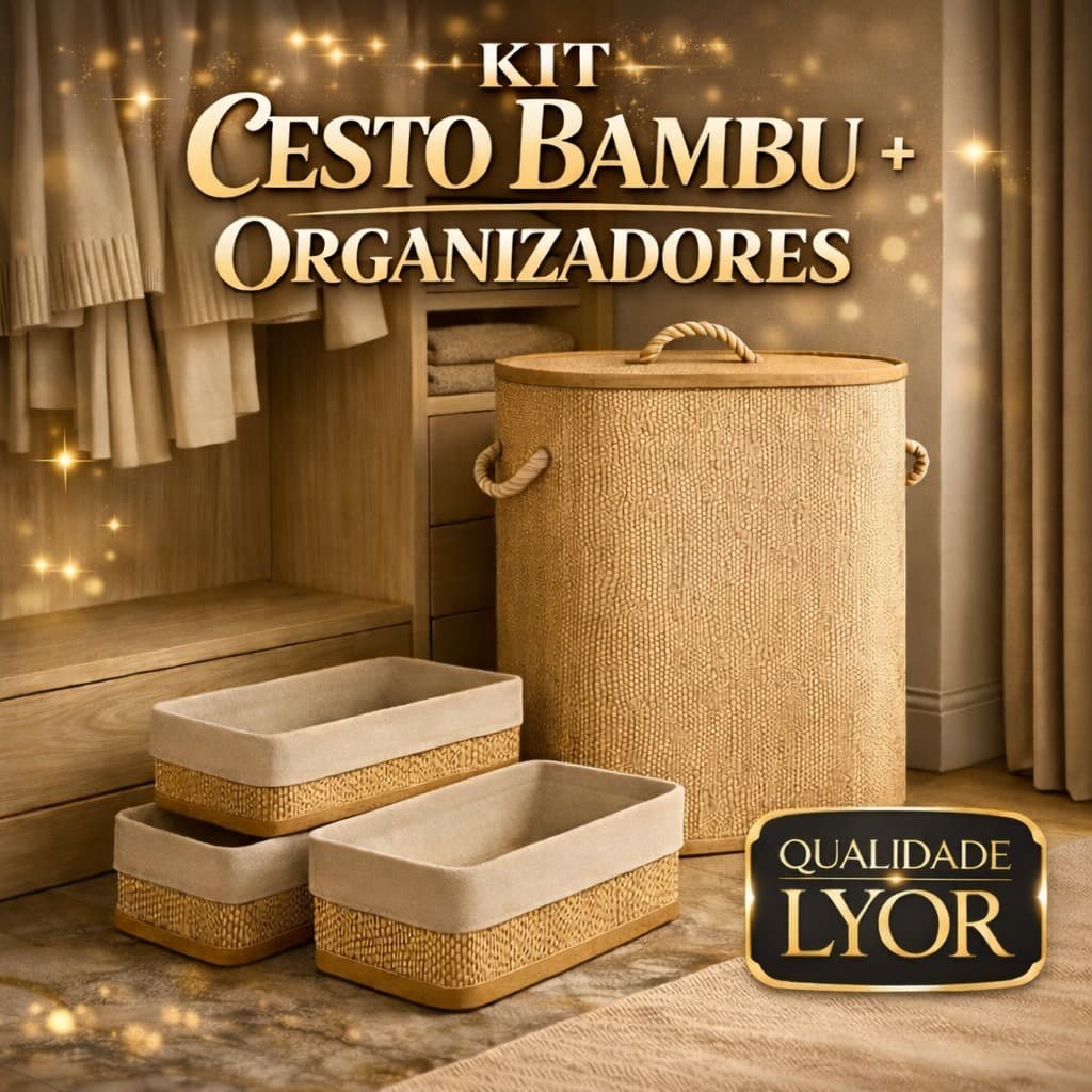 Conjunto Cesto Bambu Roupa Suja Retangular Multiuso Dobrável + Organizador 3 Peças Lyor Bambu