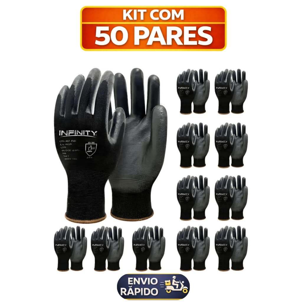 Kit 50 Luvas de Segurança Multitato PU Black P/M/G/GG EPI para Mecânico, Pedreiro ,Eletricista, Logistica e Entregador