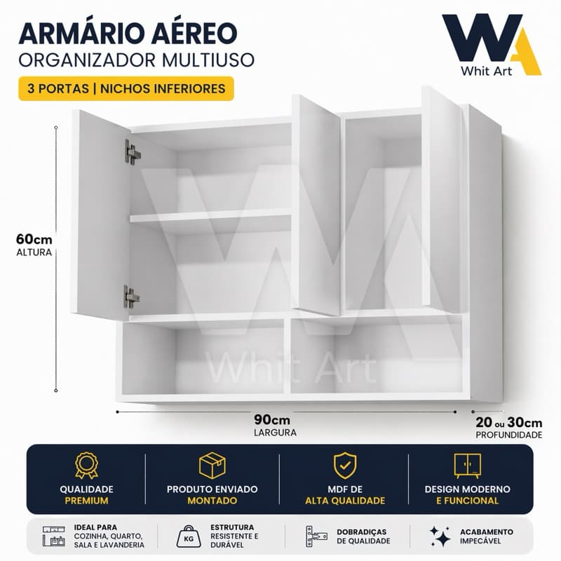 Armário Aéreo Multiuso 3 Portas MDF Branco | Organizador Cozinha, Quarto e Sala | Nicho Inferior | Enviamos Montado