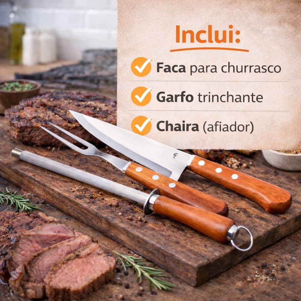 1 / 2 Kits Churrasco 3 Peças Faca Garfo Chaira Amolador Inox Cabo Madeira Carne Frango Assado