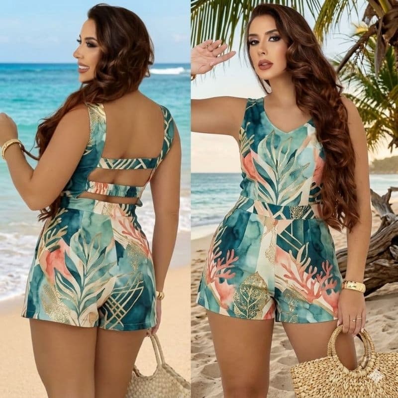 Macaquinho feminino curto macacão estampado tendencia moda verão