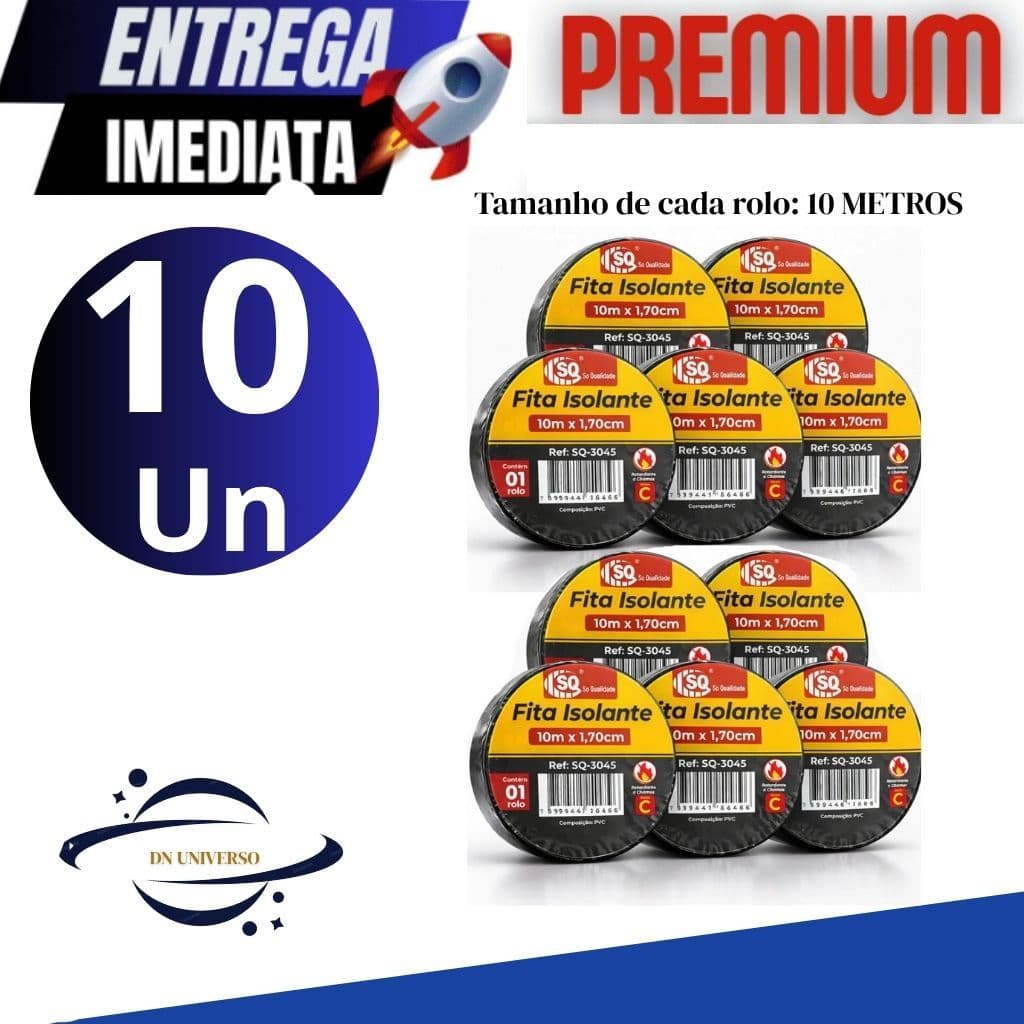 Kits com  10, 05 e  03  Rolos Fita Isolante Preta 10 Metros x 1.7cm Qualidade Uso Elétrico Resistência Durável