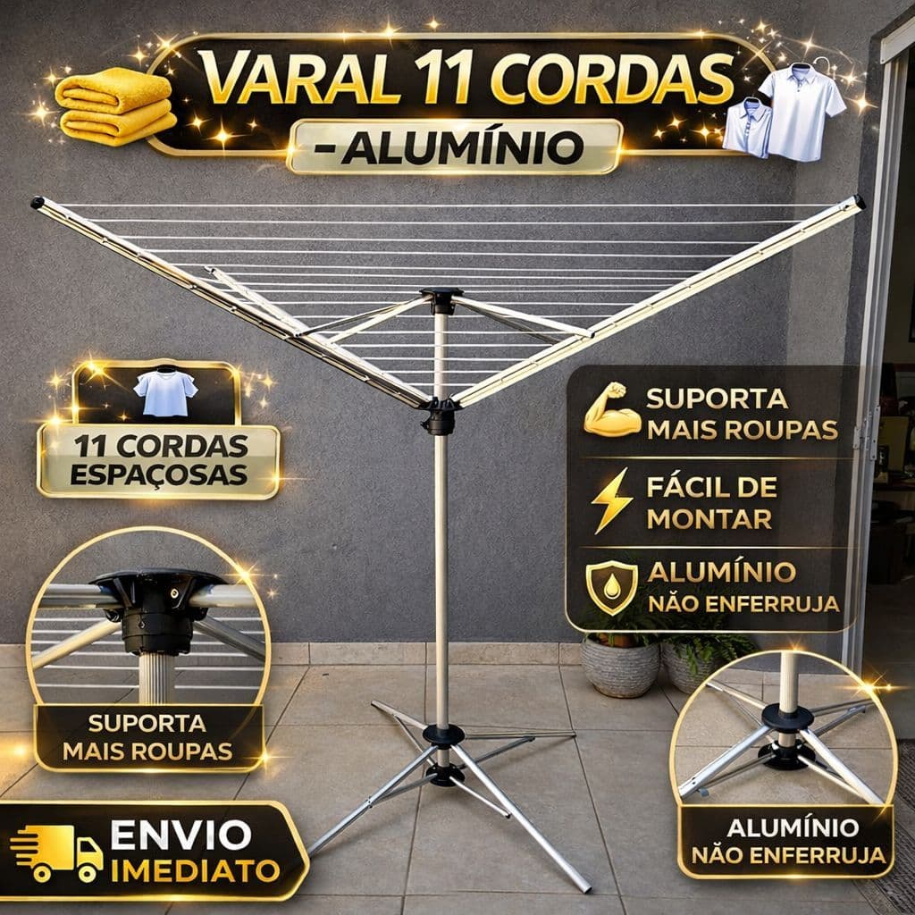 Varal de Chão Giratório Grande 11 Cordas Alumínio Reforçado Super Resistente