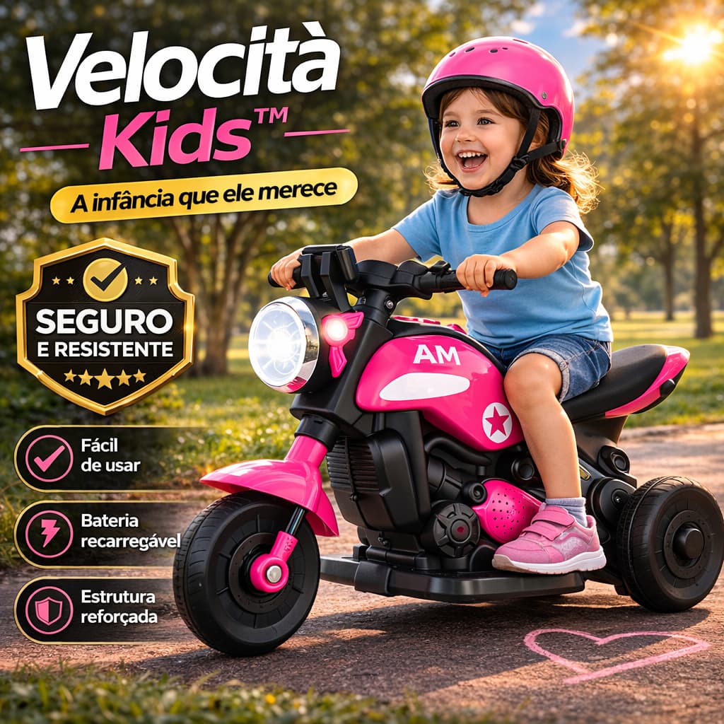 Moto Elétrica Infantil Velocità Kids™ Rosa Mini Moto Criança Bateria Recarregável Segura Brinquedo Motorizado