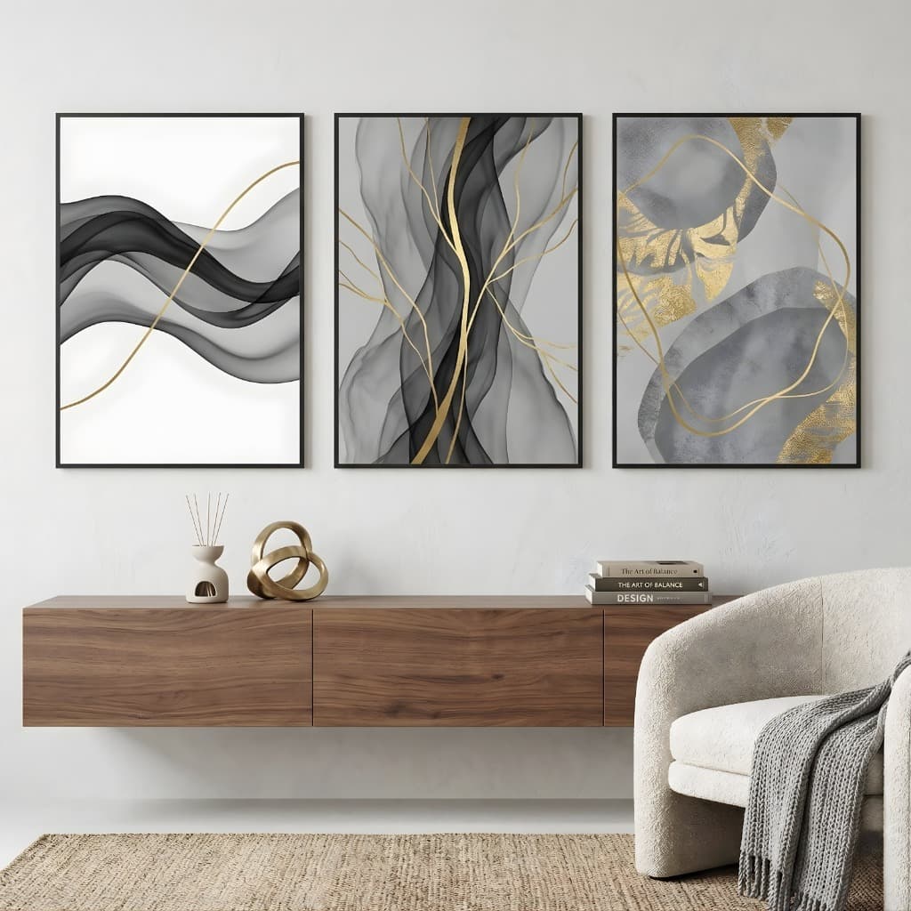 Kit 3 Quadros Decorativos Abstrato Luxo Fluidez Dourado Moderno Sala Escritório Casa Quarto Sala