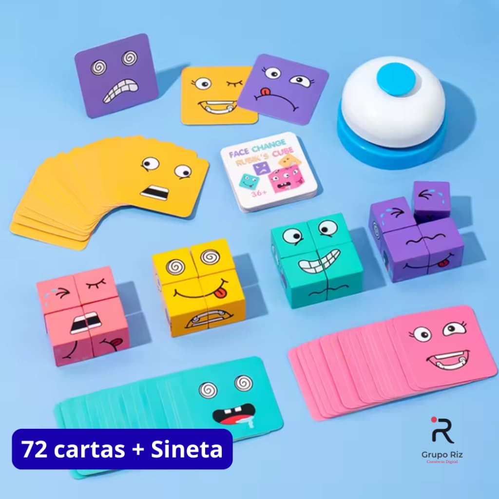 Cubo Mágico de Expressões - Jogo de Tabuleiro para 4 Crianças Com Sineta e 72 Cartas