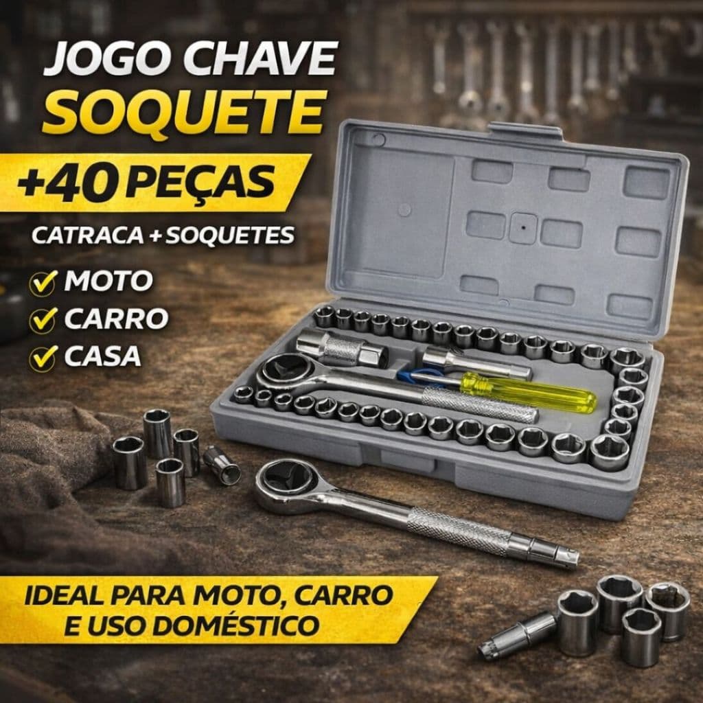 Jogo de Chaves Soquete 40 Peças com Catraca Kit Ferramentas para Moto e Carro