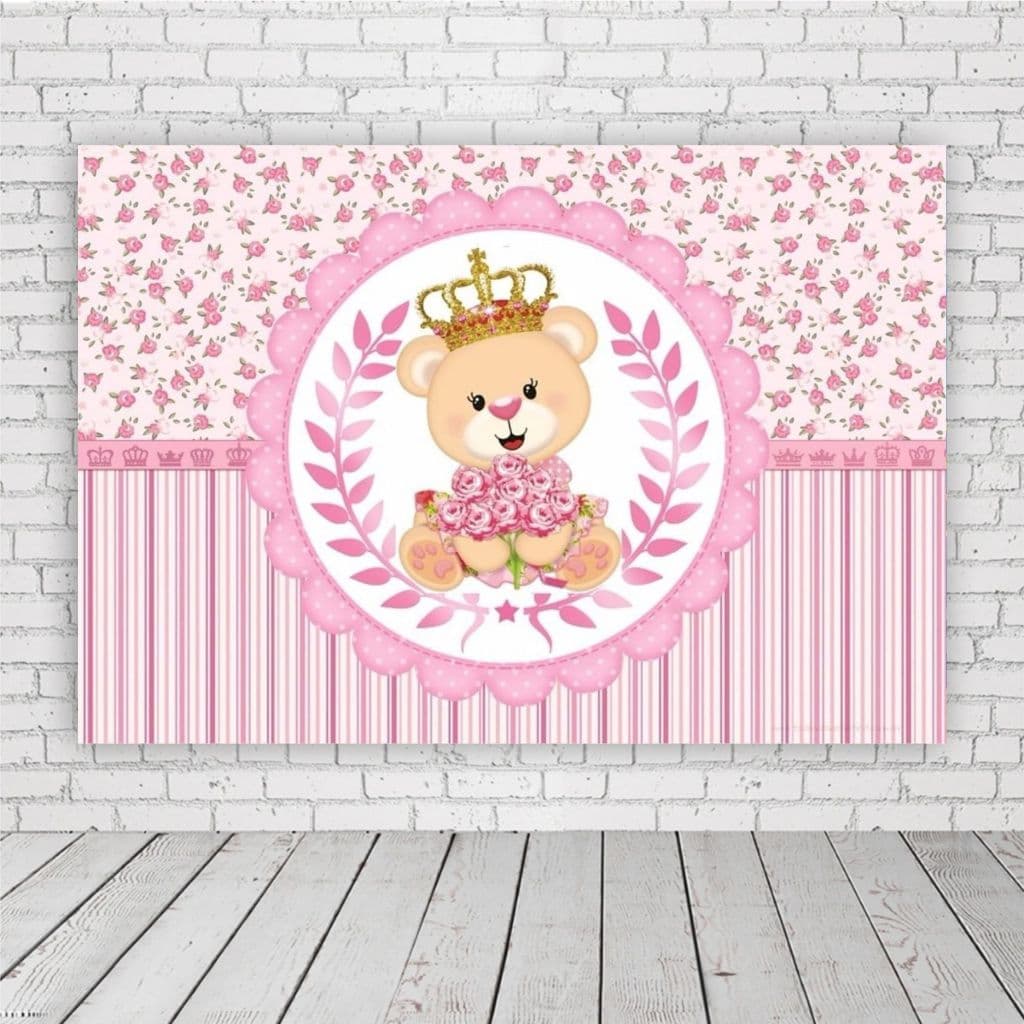 Painel de Festa Retangular Personalizado em Lona Fosca - Ursinha Rosa Princesa