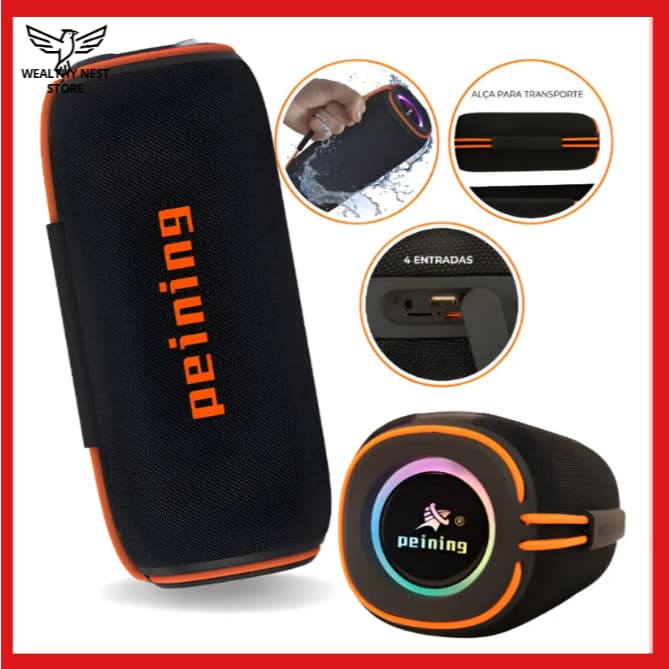 Caixa de Som Bluetooth 30W Portátil com Duplo Alto-Falante, LED Colorido, Som Estéreo e Resistente à Água Peining