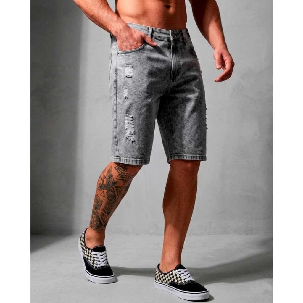 Bermuda Jeans Lavado Masculina Acabamento Rasgado Estilo de Rua 949541