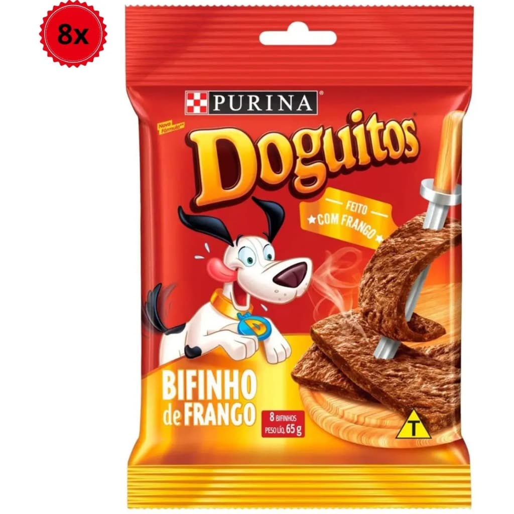 Kit 8 Petiscos Doguitos Bifinho Frango 65g Purina Cães