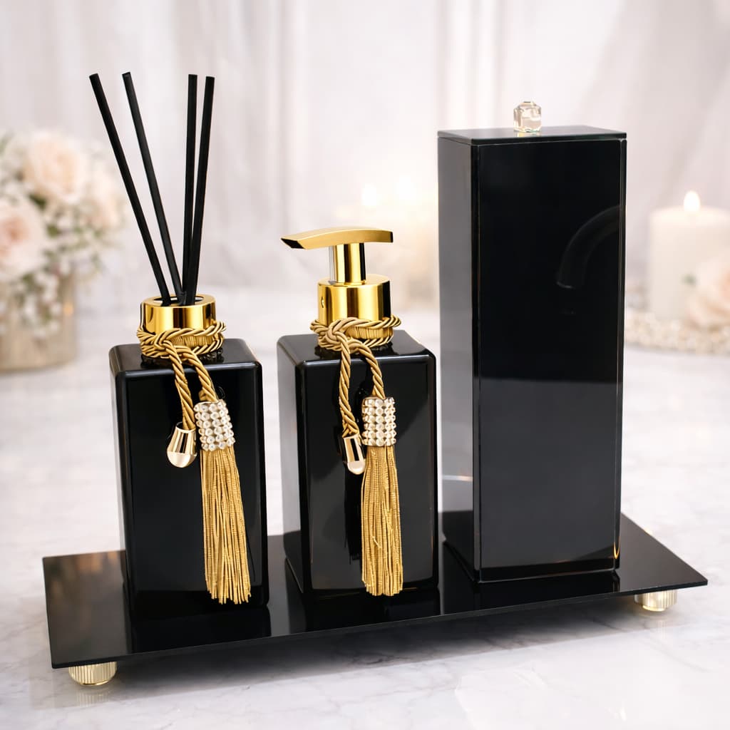 Kit Lavabo  Aromatizador Porta Sabonete Modelo Square Preto Brilho Com Bandeja Porta escova