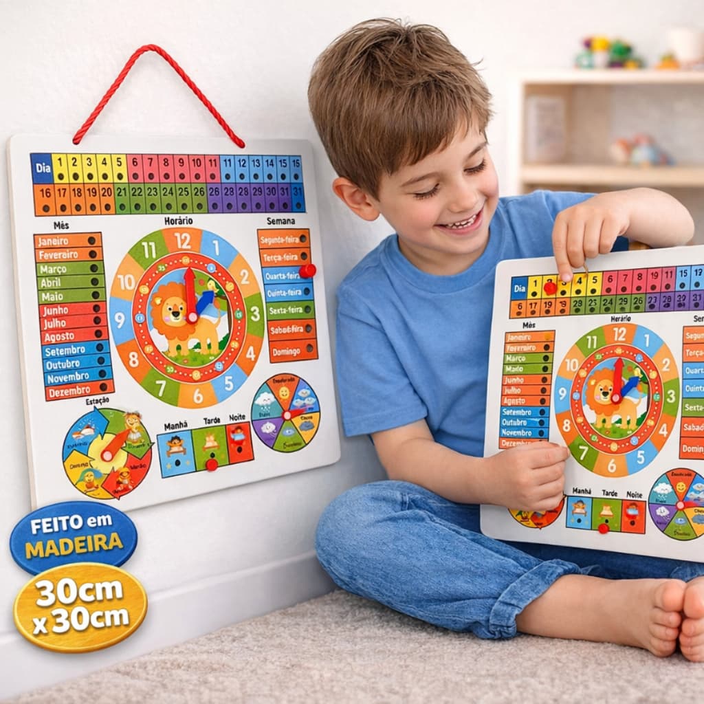 Calendário Relógio Pedagógico Brinquedo Educativo Madeira Infantil Rotina