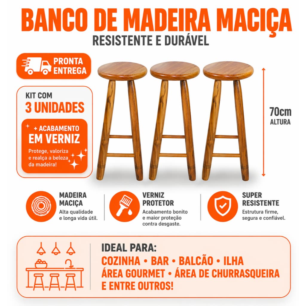 Kit 3 Banquetas Madeira Maciça Resistente 70cm Banco Alto Cozinha Bar Balcão Área Gourmet Verniz