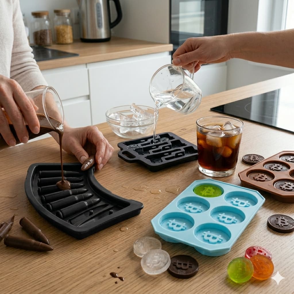 Kit 3 Formas Silicone Gelo e Chocolate Profissional - Bitcoin, Munição e Pistola Realista Antigrudante