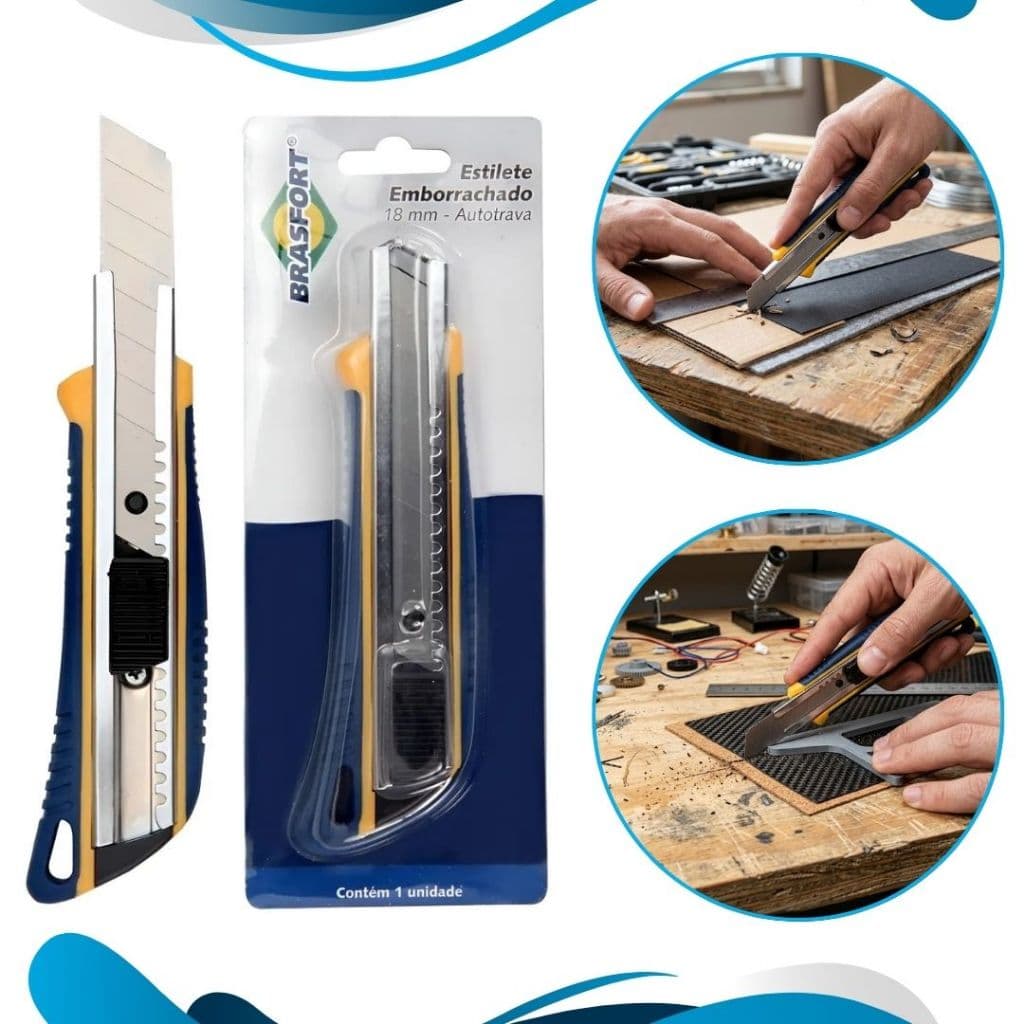Estilete Profissional 18mm Emborrachado Brasfort Com Autotrava e  Guia em Aço resistente