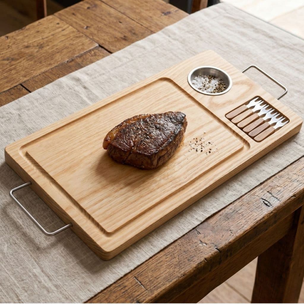 Kit Tábua De Madeira Alça Churrasco Corte Carne Molheira 6 Garfinhos